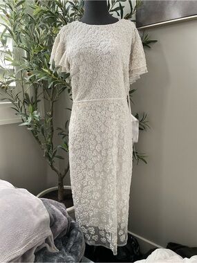 Mac Duggal White Beaded Floral Dress